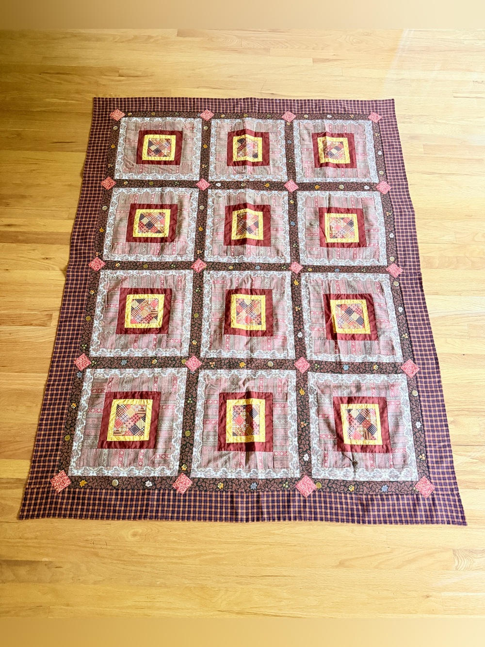 Vintage Handmade Patchwork Quilt Top Log Cabin Unfinished Craft Tablecloth 55x70